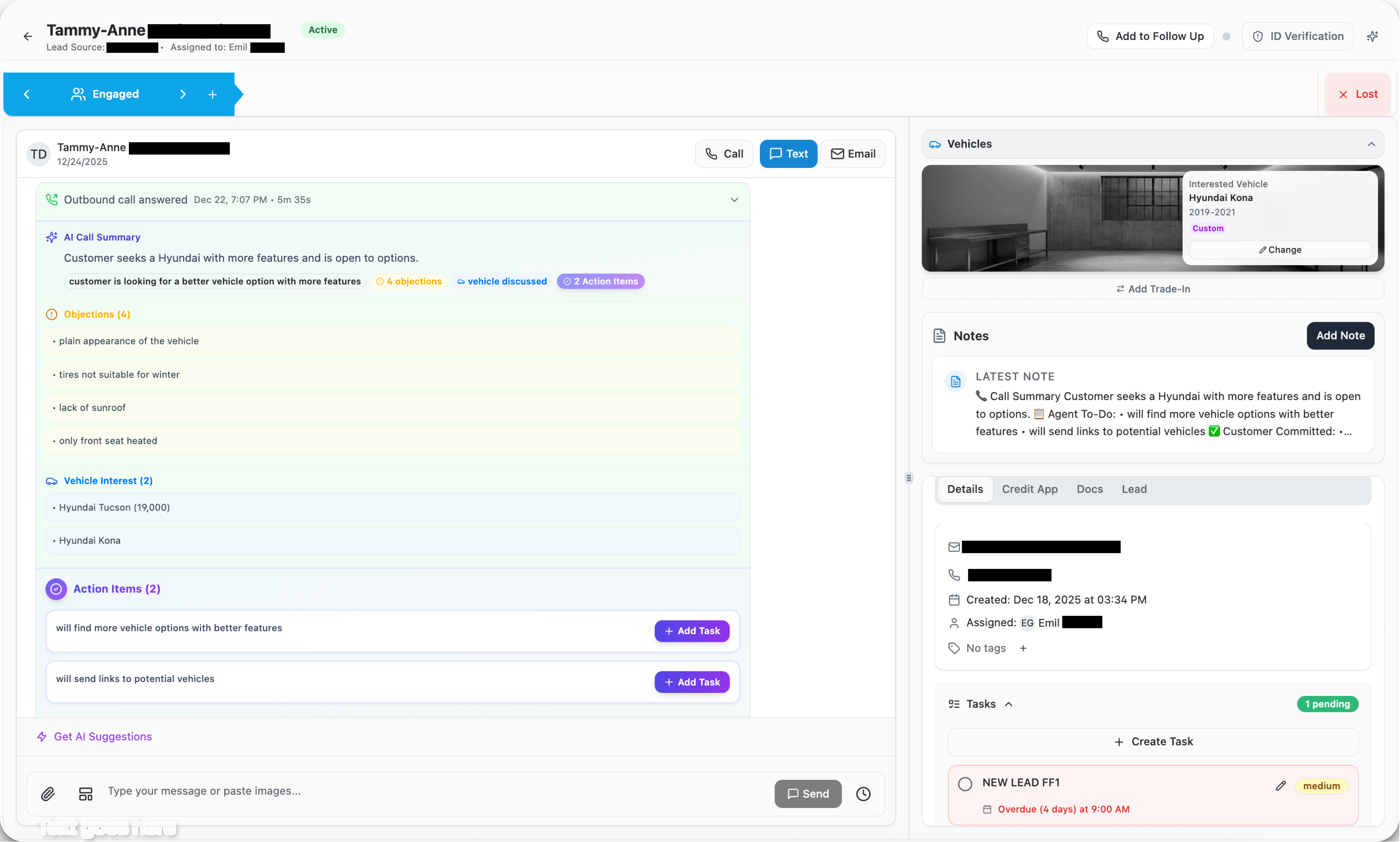 BKD.ai conversation interface showing B Johal lead with messaging and vehicle details